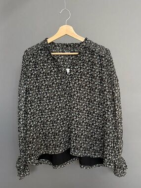 Madewell NWT Floral Smocked Ruffle Sleeve Blouse Black L